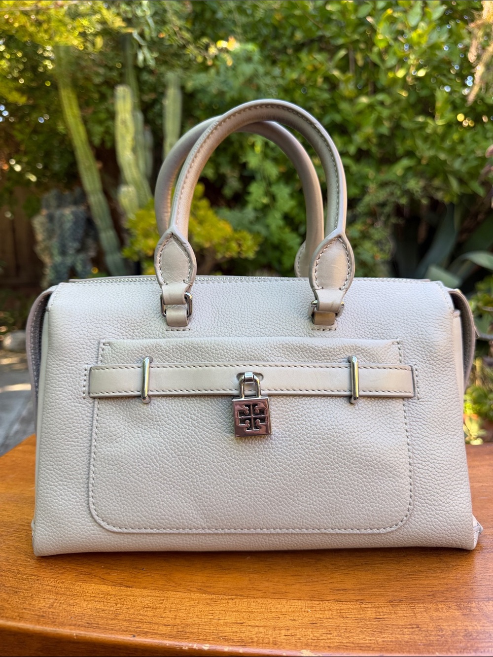 Tory Burch Light Grey Pebbled Leather Satchel with Logo Lock